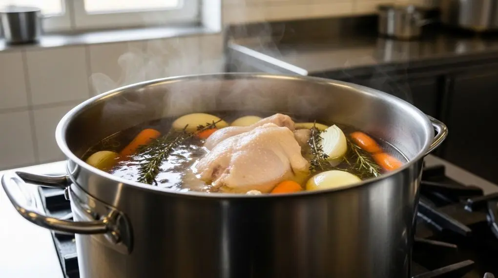 fundo de ave clássico dourado fervendo lentamente em panela grande com carcaças e legumes
