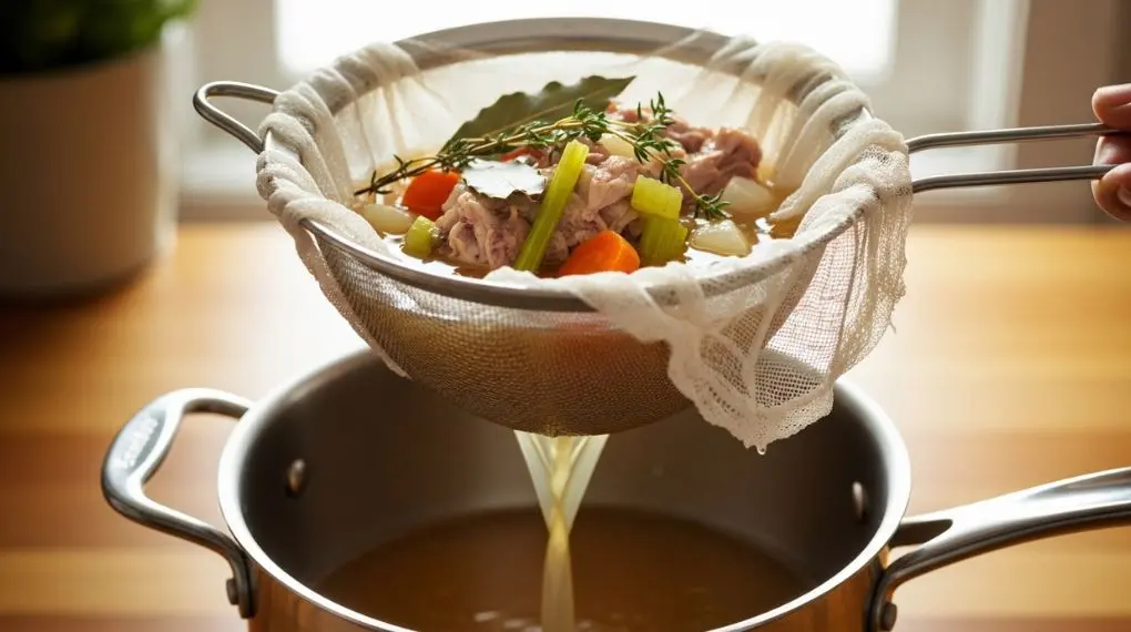 "fundo de ave sendo coado em peneira fina com musselina resultando em líquido dourado e translúcido"