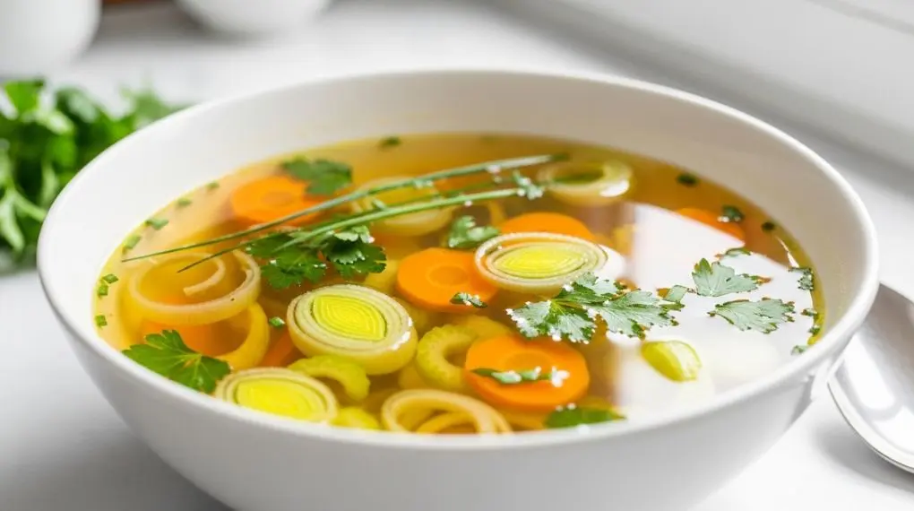 "Dourado, limpo, aromático. O fundo de legumes certo não parece água com gosto — parece uma preparação." -->