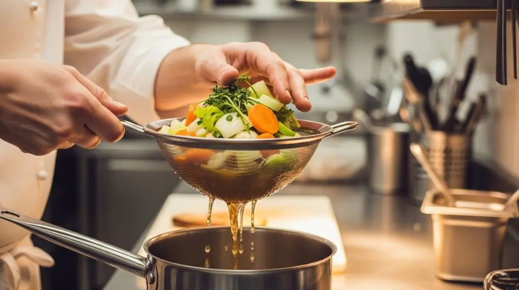 "fundo de legumes sendo coado com leve pressão em peneira fina resultando em líquido âmbar claro"