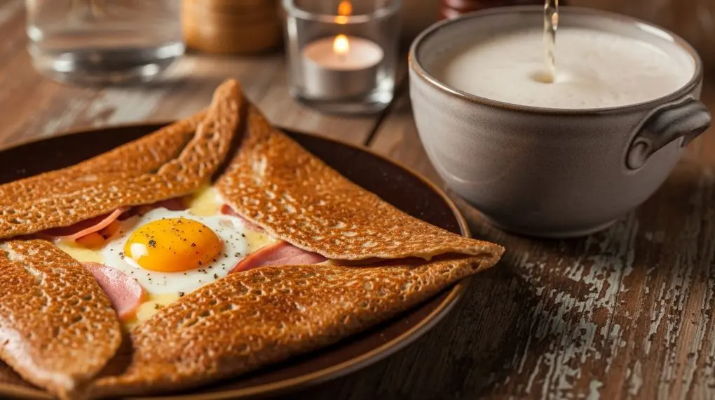 "galette bretã completa com ovo presunto e queijo em prato de cerâmica ao lado de bolée de cidra brut"