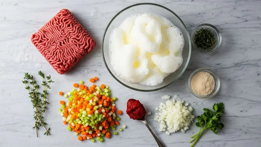 "ingredientes frios para clarificação do consommé com carne moída magra claras de ovo mirepoix picado e extrato de tomate"