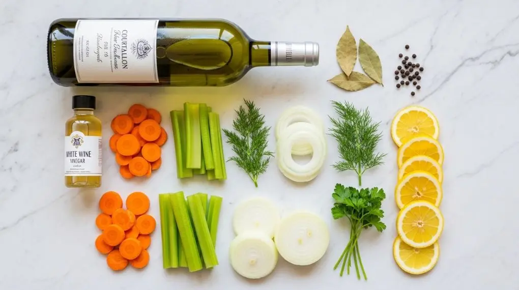"ingredientes para court-bouillon com vinho branco vinagre cenoura salsão limão endro e ervas"