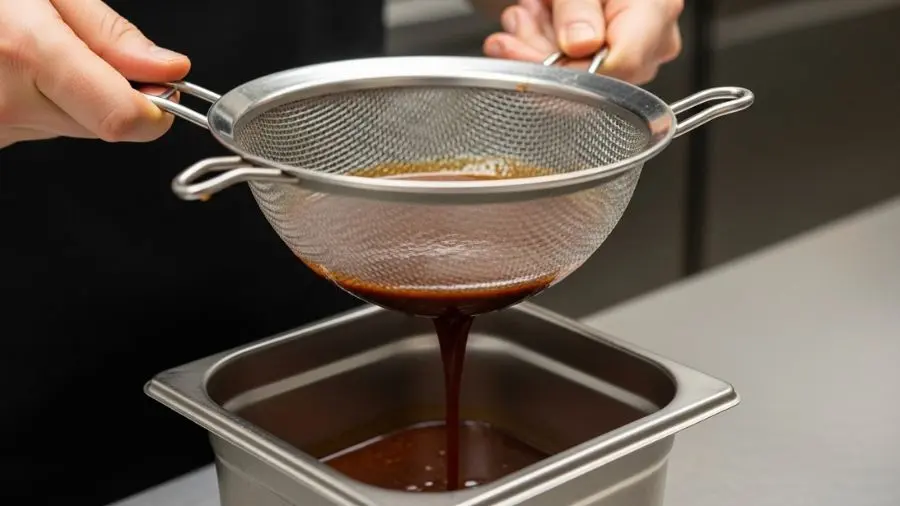 "jus escuro de ave sendo coado em peneira fina revelando líquido cor mogno intenso e brilhante"