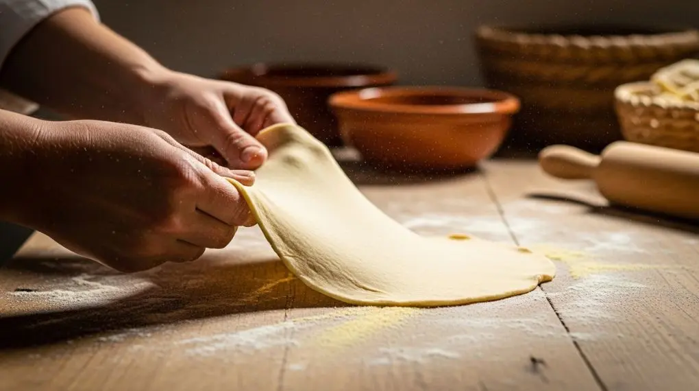 mãos abrindo massa fresca de pappardelle em superfície enfarinhada com semolina
