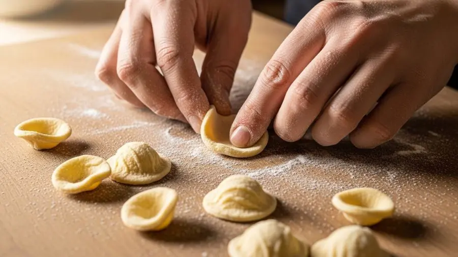 "mãos fazendo orecchiette à mão em tábua de madeira com polegar puxando pedaço de massa criando formato de orelha" 