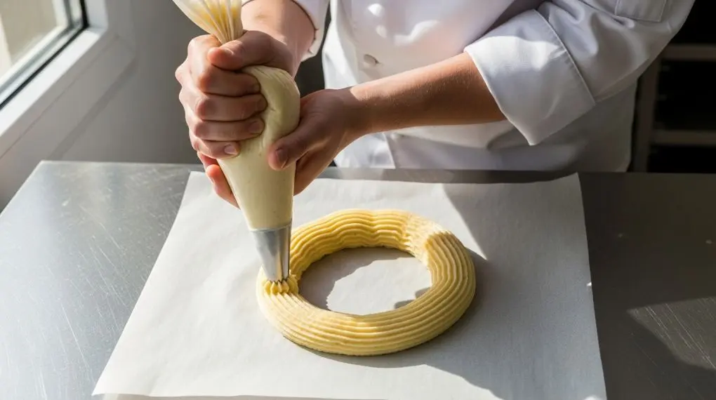 "massa choux sendo aplicada com saco de confeitar em formato de anel para paris-brest"