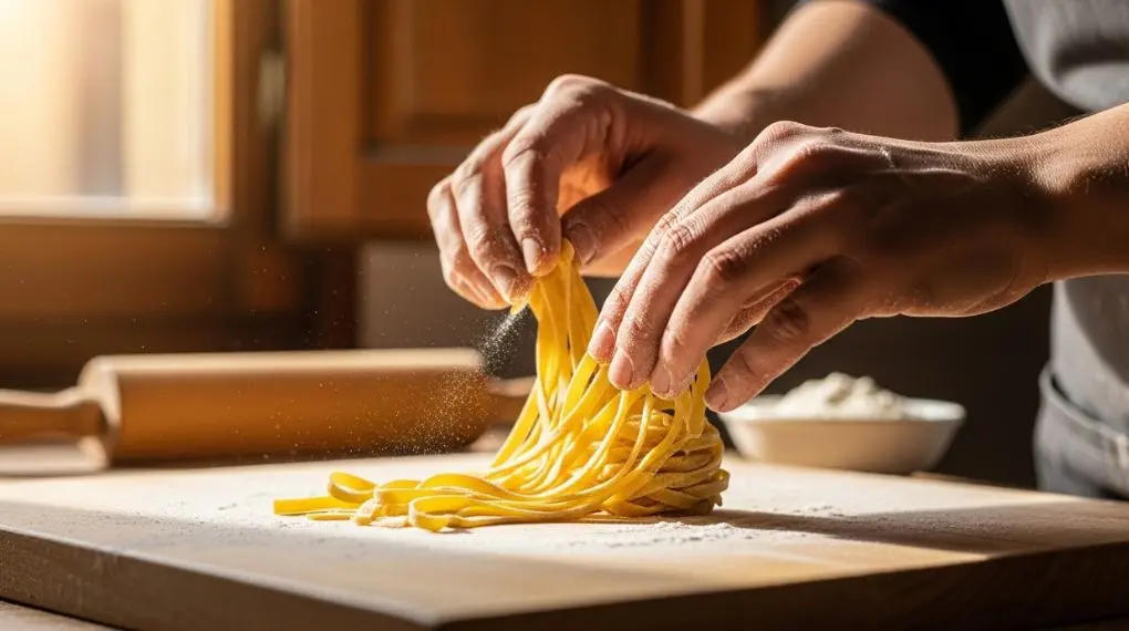 "massa de tagliatelle caseiro sendo cortada à mão sobre tábua de madeira enfarinhada" Legenda: