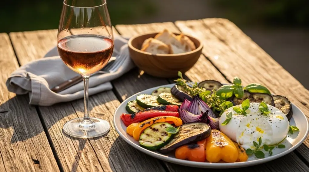 mesa rústica ao ar livre com taça de rosé e tábua de charcuterie e burrata ao sol da tarde