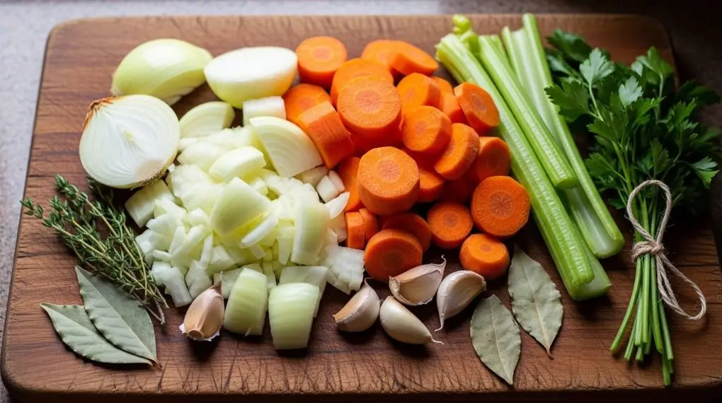 "mirepoix clássico com cebola cenoura salsão alho e bouquet garni para preparo do fundo de ave" 