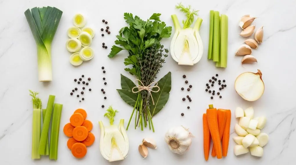 "mise en place para fundo de legumes com alho-poró erva-doce salsão cenoura cebola e ervas"