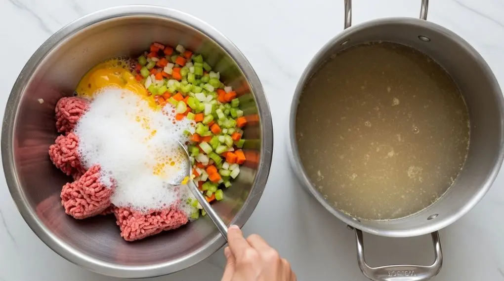 "mistura de clarificação com carne moída clara de ovo e mirepoix para preparo do consommé" 