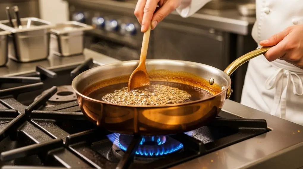 "molho espagnole fervendo lentamente em panela de cobre na cozinha profissional francesa" 