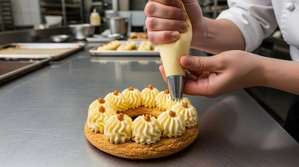"montagem do paris-brest com crème mousseline sendo aplicada com saco de confeitar"