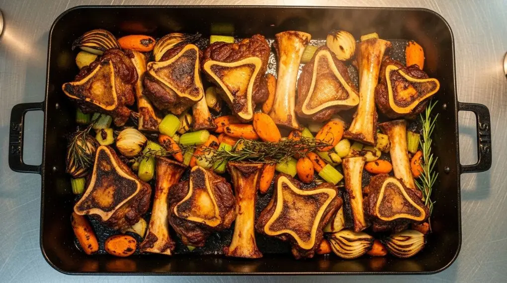 "ossos de vitela assados com vegetais para preparo do fundo escuro base do demi-glace"