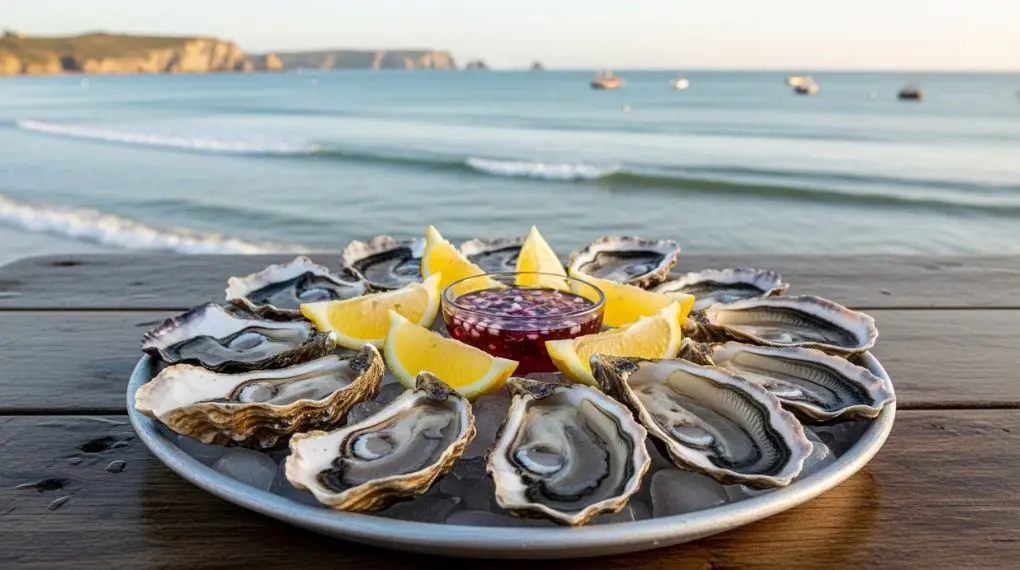 "ostras frescas de Cancale no gelo com gomos de limão e vinagre de echalote com vista para o mar" 
