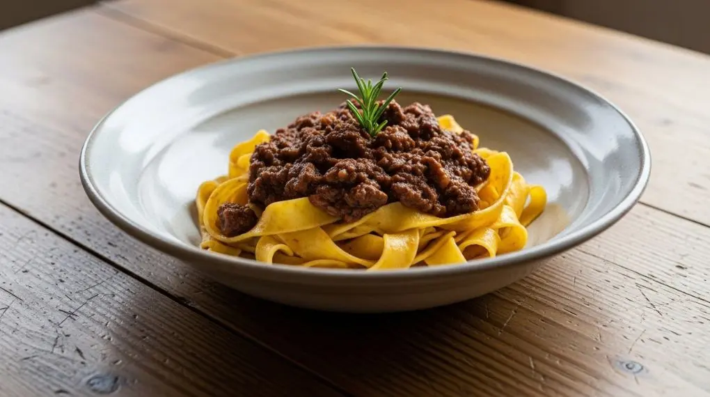 O ragù toscano de javali exige tempo — no mínimo três horas de cozimento lento para que a carne desagrupe de verdade.
