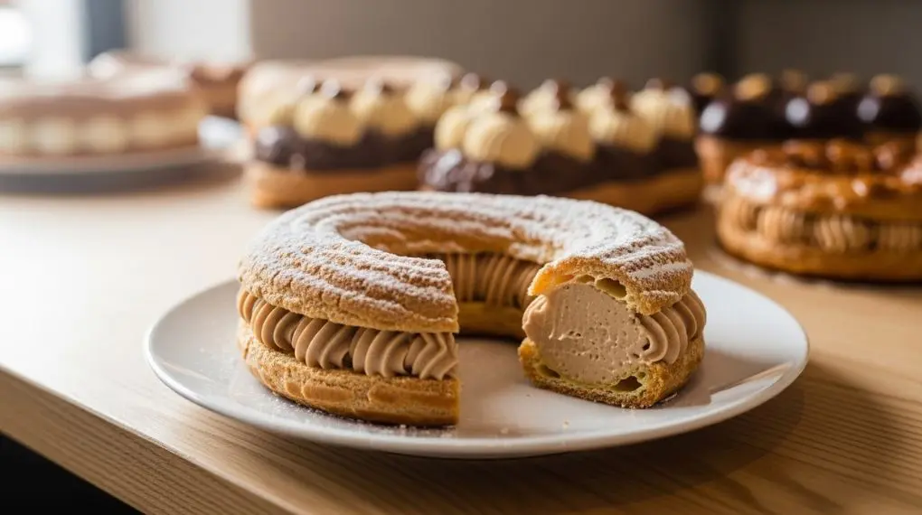 "paris-brest cortado ao meio mostrando recheio de crème mousseline e praliné de avelã"