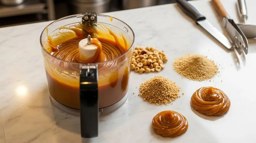 "praliné de avelã sendo processado mostrando as etapas de farinha até pasta lisa dourada"