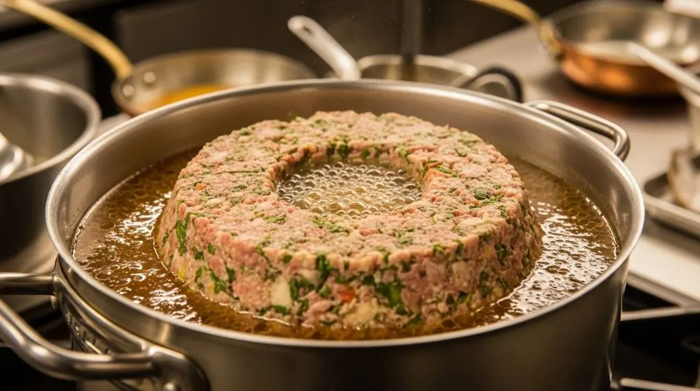 "raft de clarificação do consommé formado na superfície com orifício central e caldo cristalino embaixo"