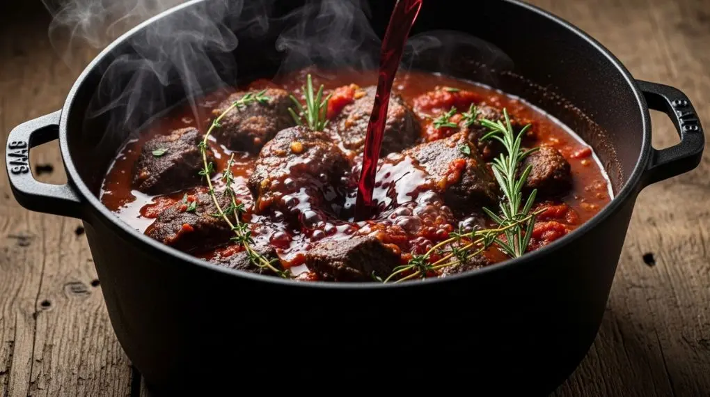 ragù de javali cozinhando lentamente em cocotte de ferro fundido com vinho tinto