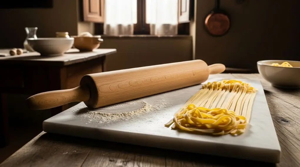 "rolo mattarello italiano abrindo massa fresca de tagliatelle em mármore enfarinhado"