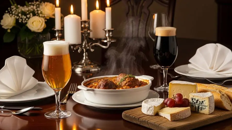 serviço formal de cerveja artesanal com pratos franceses em mesa de jantar.