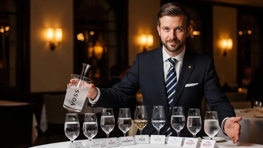 "sommelier de água apresentando seleção de águas em restaurante de alta gastronomia com múltiplos copos" 