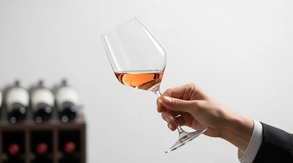 sommelier inclinando taça de rosé pálido contra fundo branco para avaliar a cor