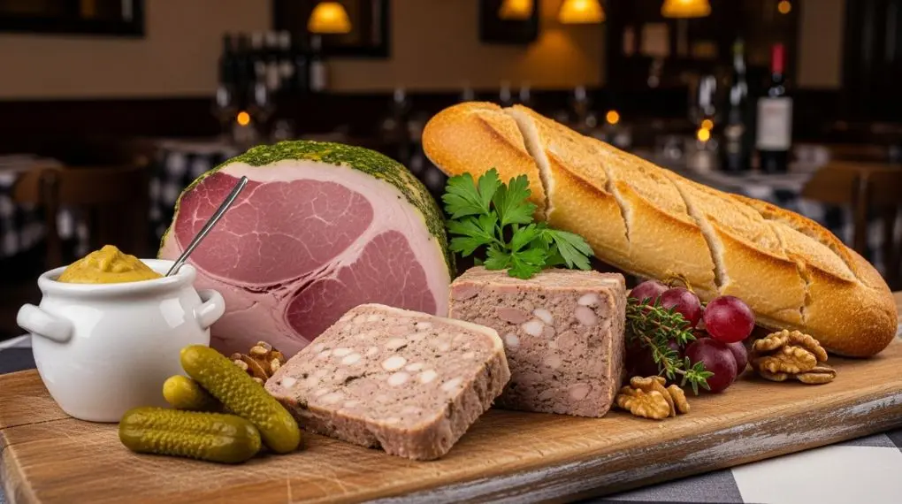 "tábua de charcutaria borgonhesa com jambon persillé terrina rural e mostarda de dijon"