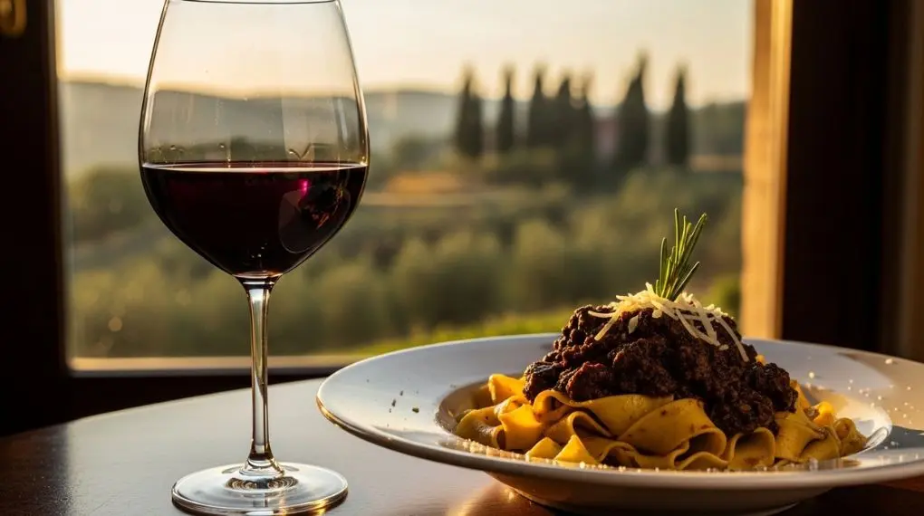 taça de Chianti Classico ao lado de prato de pappardelle com ragù de javali toscano