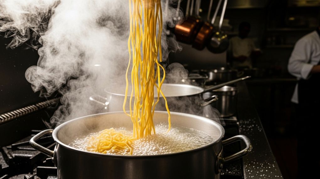 "tagliatelle caseiro sendo colocado em água fervente com sal para cozimento"