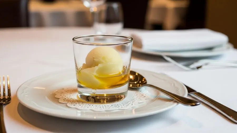 "trou normand clássico com pequena taça de calvados e sorbet de maçã em mesa de jantar elegante com toalha branca"