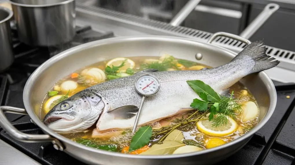 "truta inteira sendo escalfada em court-bouillon a 80 graus em panela rasa francesa" 