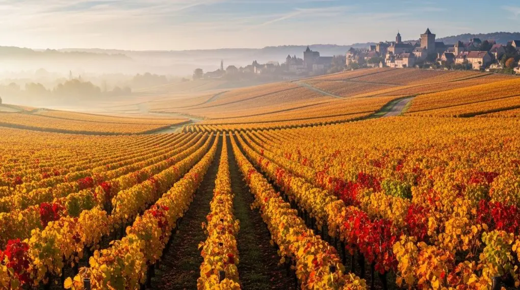 "Outubro em Borgonha. Os vinhedos mudam de cor antes da vindima e a região inteira cheira a mosto." -->