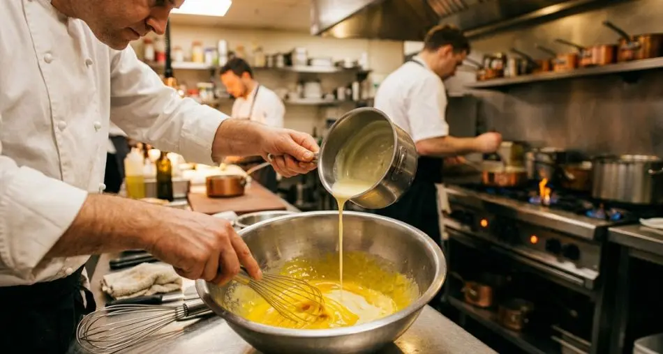 Chef hands slowly pouring warm cream into egg yolk mixture in thin stream, tempering technique, professional kitchen, warm lighting, motion blur