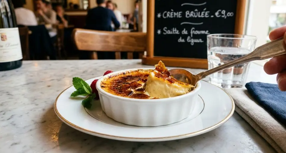 Classic crème brûlée cross section showing creamy custard beneath cracked caramel crust, elegant plating on marble surface, French bistro aesthetic