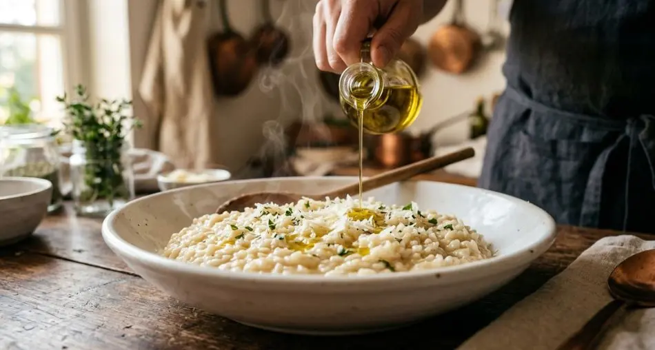 Close-up of a creamy classic risotto bianco being plated in a wide shallow white ceramic bowl, steam rising gently, garnished with freshly grated parmesan and a drizzle of olive oil. Soft natural side lighting, warm tones, rustic Italian kitchen background slightly blurred. Cinematic food photography, shallow depth of field, 4K, editorial style.