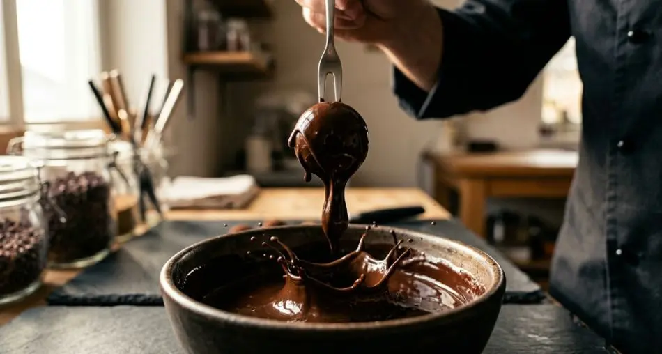 Close-up of a ganache truffle being lowered into a bowl of glossy tempered dark chocolate on a dipping fork, chocolate dripping in slow motion — editorial confectionery photography, dramatic backlight, 4K.