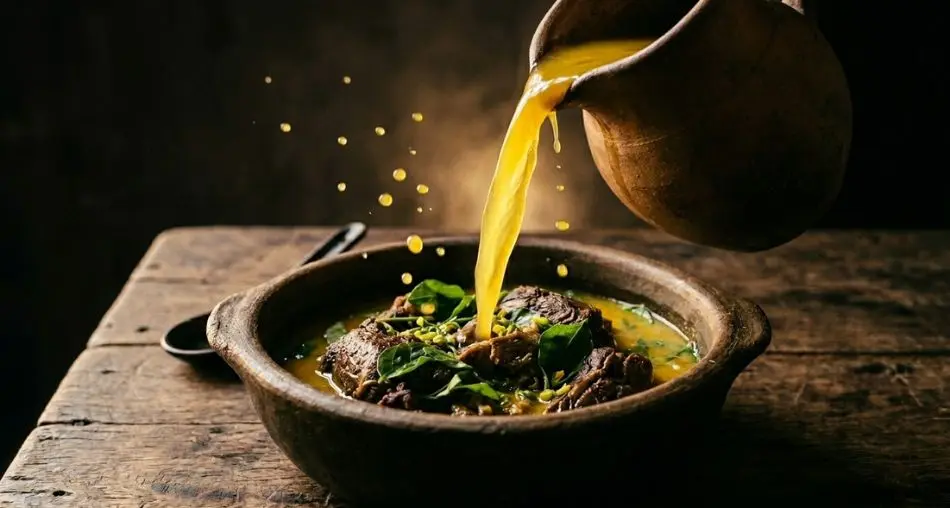 Tucupi: "Close-up of tucupi being poured from a traditional ceramic jug into a dark clay bowl, the yellow liquid catching dramatic backlight creating a translucent golden glow, droplets visible mid-air, dark background, food editorial photography"