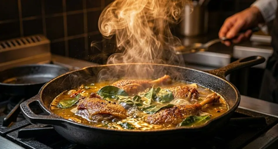 Cocção no tucupi: "Duck pieces submerged in golden tucupi broth in an open cast iron pot, visible steam, jambu leaves wilting on the surface, low-angle shot showing the depth of the broth, warm amber kitchen lighting"