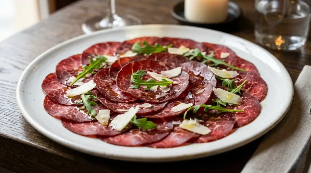  Fatias finas de bresaola arranjadas em círculos sobrepostos em prato branco, com cor vermelho-rubi intensa 