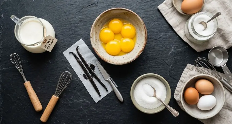 Flat lay of crème brûlée ingredients: fresh cream, egg yolks in bowl, vanilla bean split open, refined sugar, dark slate background, professional food styling