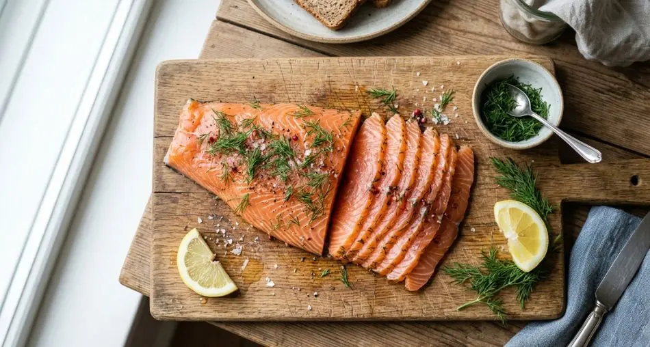 Gravlax fatiado sobre tábua de madeira revelando o interior sedoso alaranjado, com ramos de endro fresco