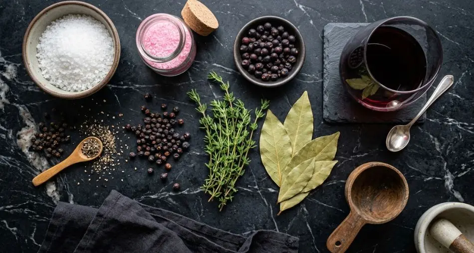 Ingredientes da mistura de cura para bresaola: sal grosso, sal de cura rosa, pimenta, zimbro, tomilho e louro sobre mármore escuro