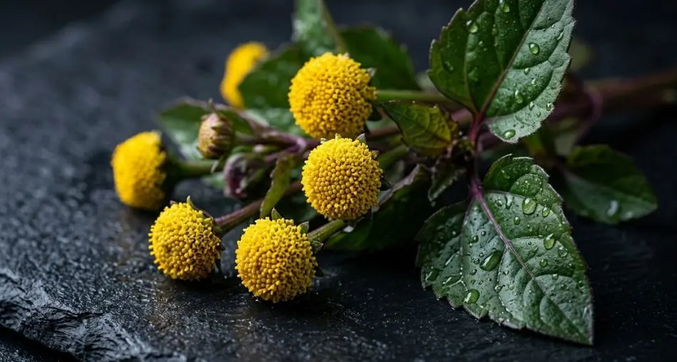 Jambú fresco: "Fresh jambu (Acmella oleracea) stems and flowers on dark slate, water droplets on leaves, macro photography showing the small yellow button flowers, deep green leaves with visible texture, botanical food photography style"