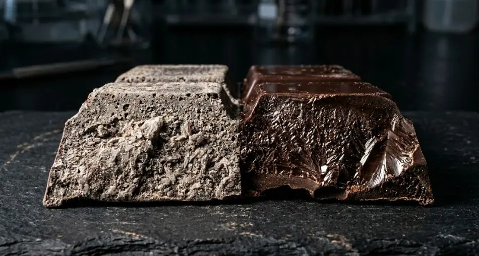 Macro close-up of dark chocolate crystalline structure under dramatic raking light, showing the contrasting textures of tempered (glossy) vs untempered (matte) chocolate side by side — scientific editorial food photography, 4K.