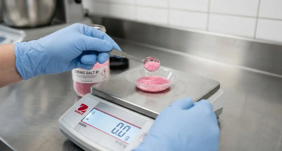 Mãos enluvadas pesando sal de cura rosa em balança de precisão digital 