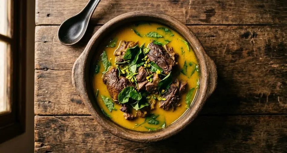 Overhead shot of Pato no Tucupi in a deep clay bowl, golden-yellow tucupi broth surrounding dark braised duck pieces, fresh green jambu leaves scattered on top, rustic wooden surface, dramatic natural side lighting, editorial food photography, warm Amazon tones, 4K
