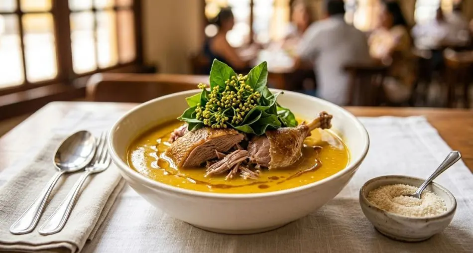 Prato finalizado (serviço clássico): "Pato no Tucupi served in traditional deep white bowl, duck pieces emerging from the golden broth, fresh jambu on top, farinha de tapioca in a small bowl beside it, white tablecloth, natural window light, restaurant editorial photography"